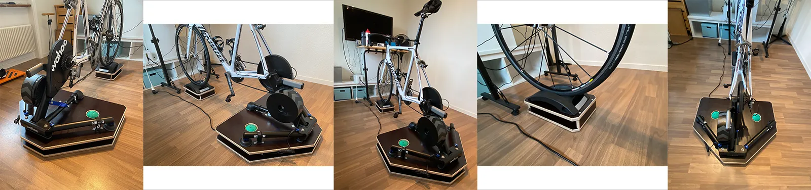 Kickr V5 von Roland H. – Riemenkrampen unter den Beinen, kurze Klettbänder. Trainer links von der Mittelachse für mittiges Rad.